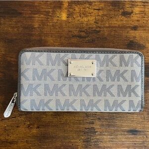 Michael Kors Gray Taupe MK Logo Zip Wallet